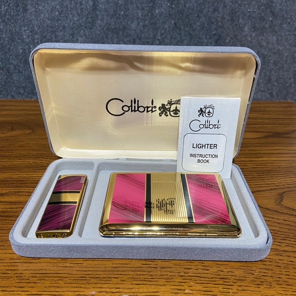 Colibri Other - Colibri Vintage Gold Tone Pink Striped Lighter and Cigarette Case Set CCM-1006-S